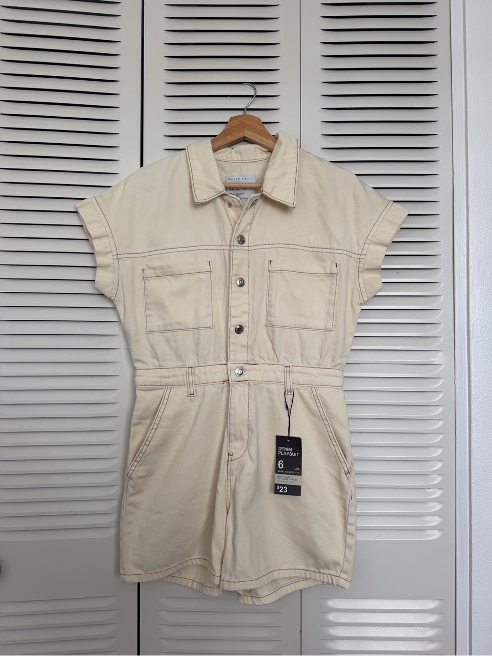 Denim&Co Cream Short-Sleeve Denim Romper - Picture 1 of 6